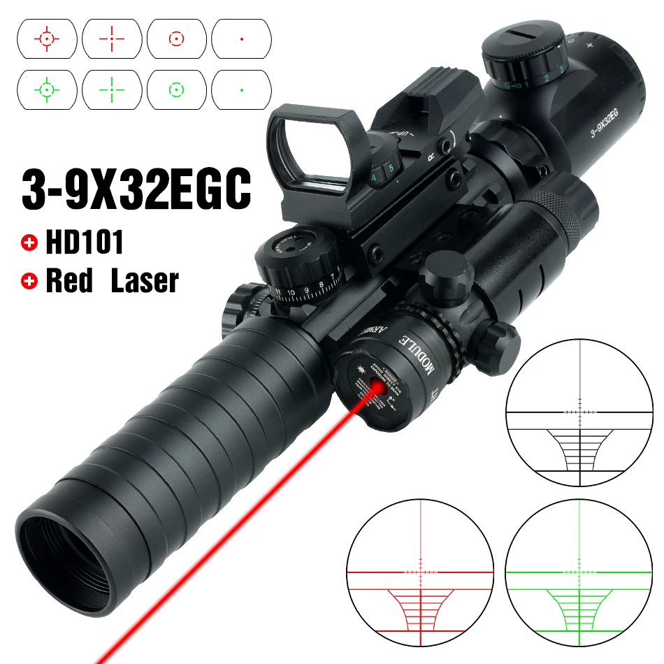 Tactical 3X-9X Scope Red Green Illuminated Reticle Rifle Scope 3-9X32 EG Combo Sight Airsoft Hunting Riflescope Fit 20mm Rail