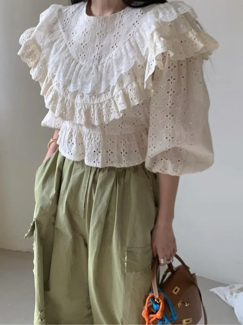 

Ретро Dongda Gate круглый Ne ort irt ажурный женский свитер с тяжелой вышивкой и воланами по подолу Faionable Agel