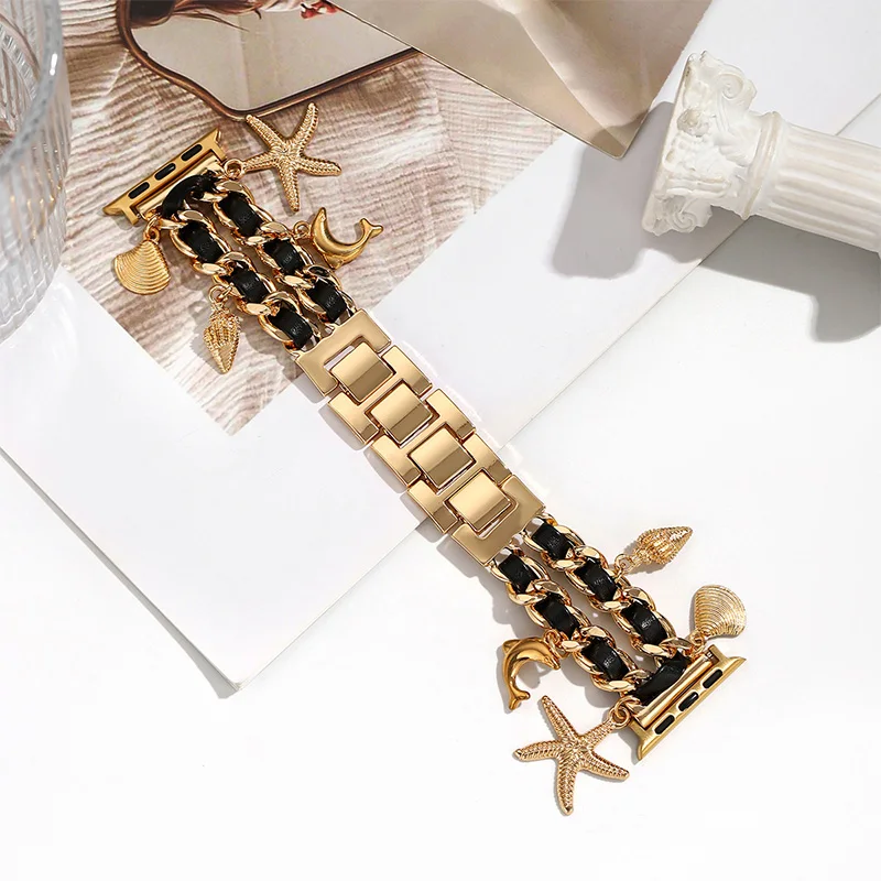 حزام نسائي معدني + جلدي لساعة أبل 10 42 مللي متر 46 مللي متر 9 8 7 41 مللي متر 45 مللي متر سوار لطيف لسلسلة Iwatch 6 5 Se 44 مللي متر 38 40 مللي متر