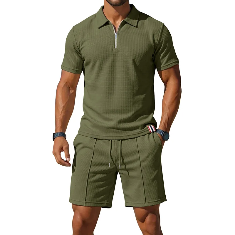 2026 Summer Men's Breathable Waffle Short-sleeved T-shirt Zipper Polo Shirt Shorts Suit Men