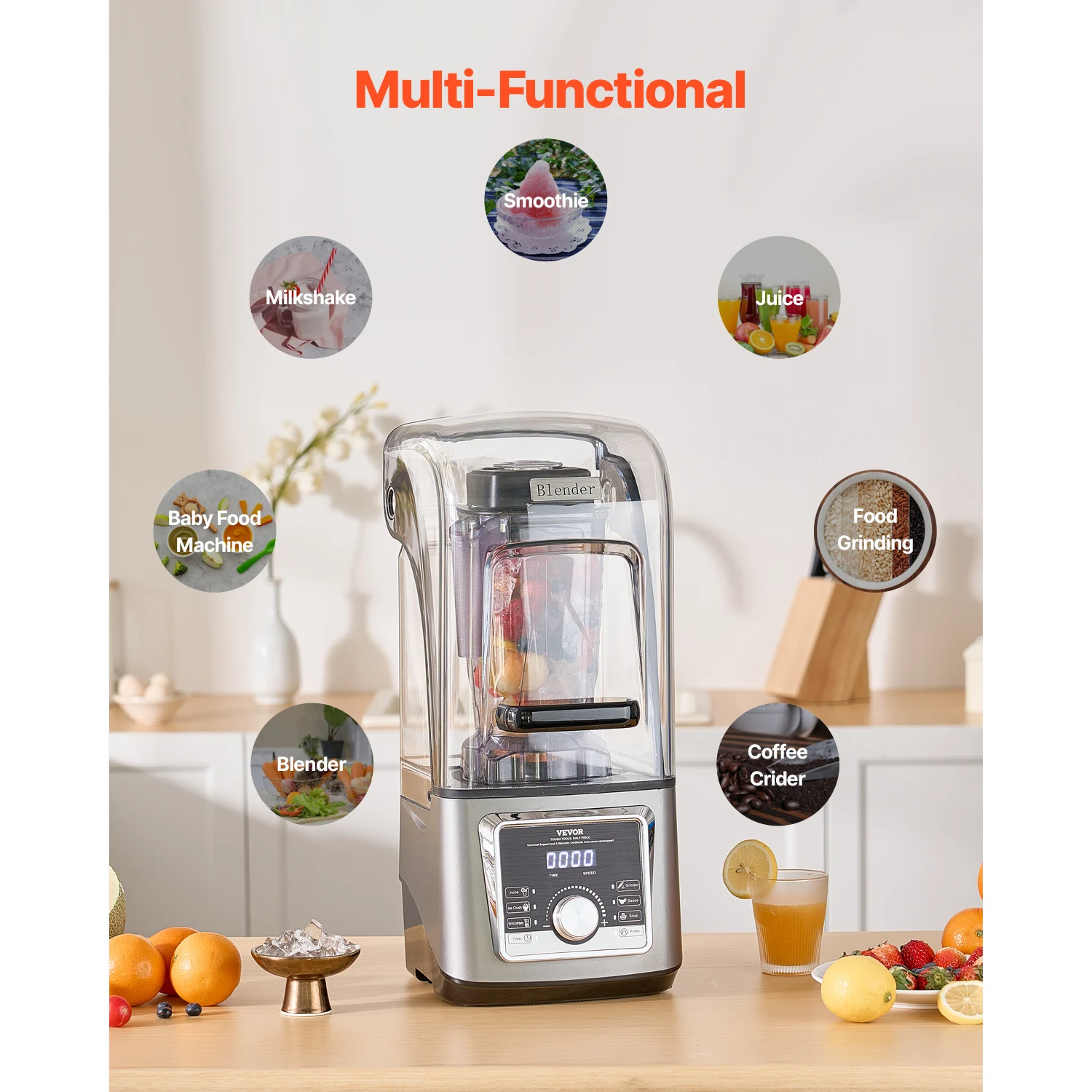 Succebuy 2.5L/3.5L خلاط كهربائي للعصائر 1400 واط متعدد الوظائف تجهيز الأغذية خلاط وغطاء الضوضاء للمطبخ