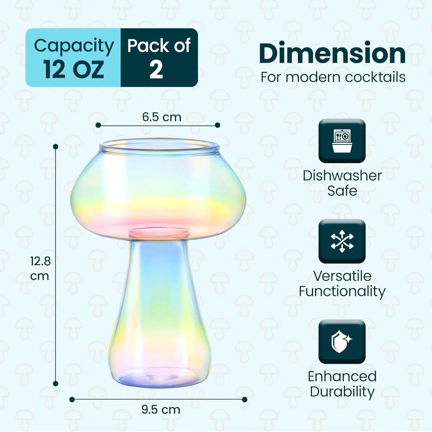 Iridescent Cocktail Mushroom Glasses Set - Dishwasher Safe - Rainbow Glass Mushroom Vase - Cute 12Oz Cup - Perfect Gift for Mush