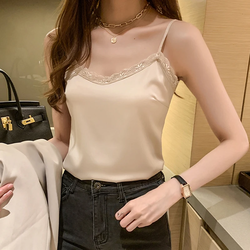 Summer with Lace Silk Camis for Women Spaghetti Strap Top Tank Ladies Tops White Camisole Basic Tops Black White Beige