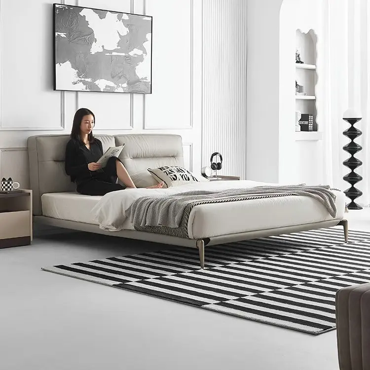 

Italian Internet celebrity master bedroom, modern, simple, first layer cowhide, high feet, flush edge, leather bed