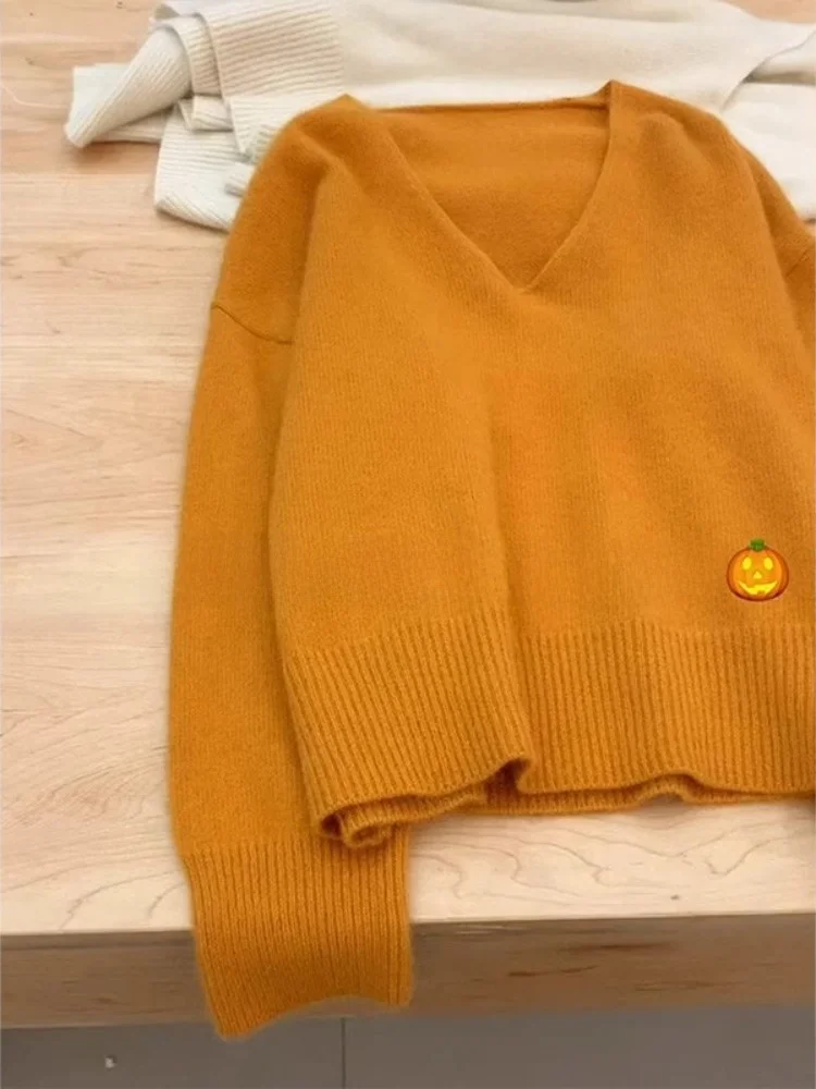 

Свободный вязаный свитер с V-образным вырезом и оранжевым медведем Fce, женская осенне-зимняя ленивая верхняя одежда, внутренний трикотаж, повседневный сарафан