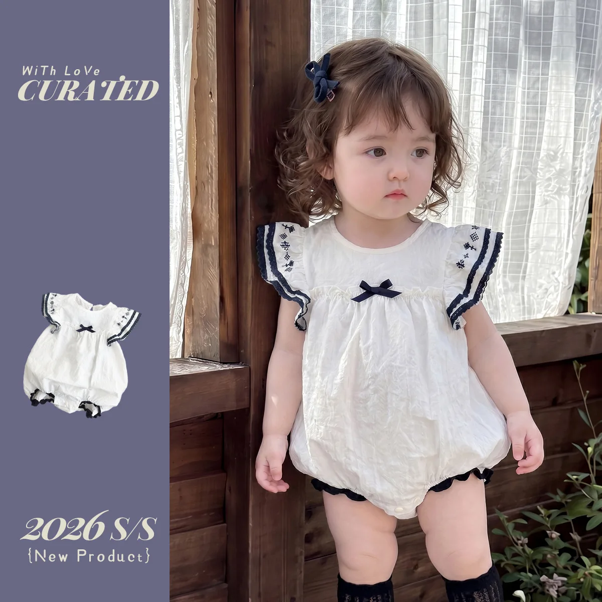 1-year-old Baby A-level Jumpsuit, Baby Thin Design College Style Bow Wrapped Fart Jacket Girls' Pure Cotton Summer Climbing Suit