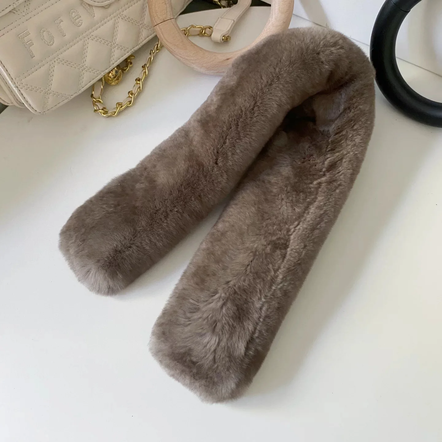 Women's Winter Warm Double-Sided Real Rex Rabbit Fur Scarf Sable Color with Detachable Fur Collar Luxury Neck Warmer