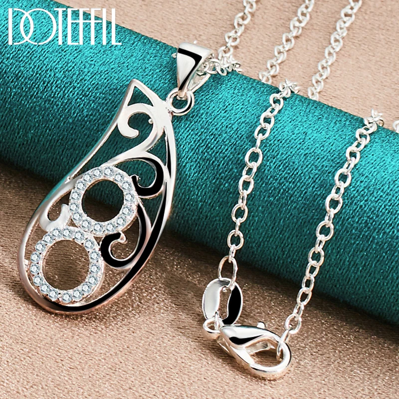 DOTEFFIL 925 Sterling Silver Water Droplet Round AAA Zircon Pendant Necklace 16-30 Inch Chain For Women Wedding Charm Jewelry