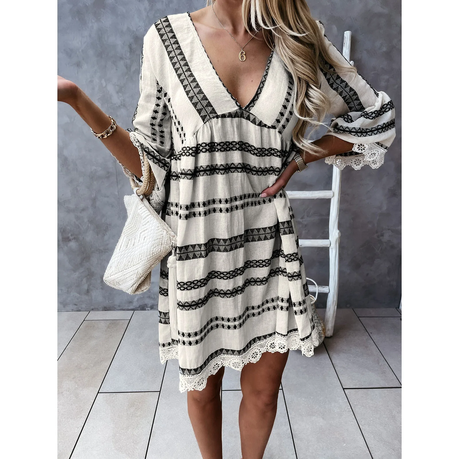 

Boho Women Lace Hem Dress 2024 Lace Tassels Deep V-Neck Long Sleeve Printed Mini Dress Women Spring Summer Casual Party Dresses