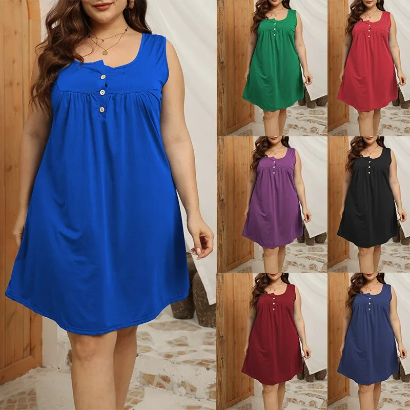 Women's 1XL-5XL plus size women's summer button pleated casual vest sleeveless dress  dresses for women