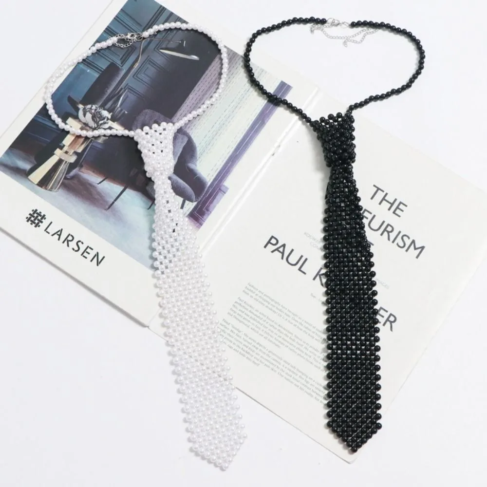 Elegant Imitation Pearl Shirt Tie Fashion  Weaving Beaded Women Necktie Retro Night Club Female Neckwear Women Pearl Necktie