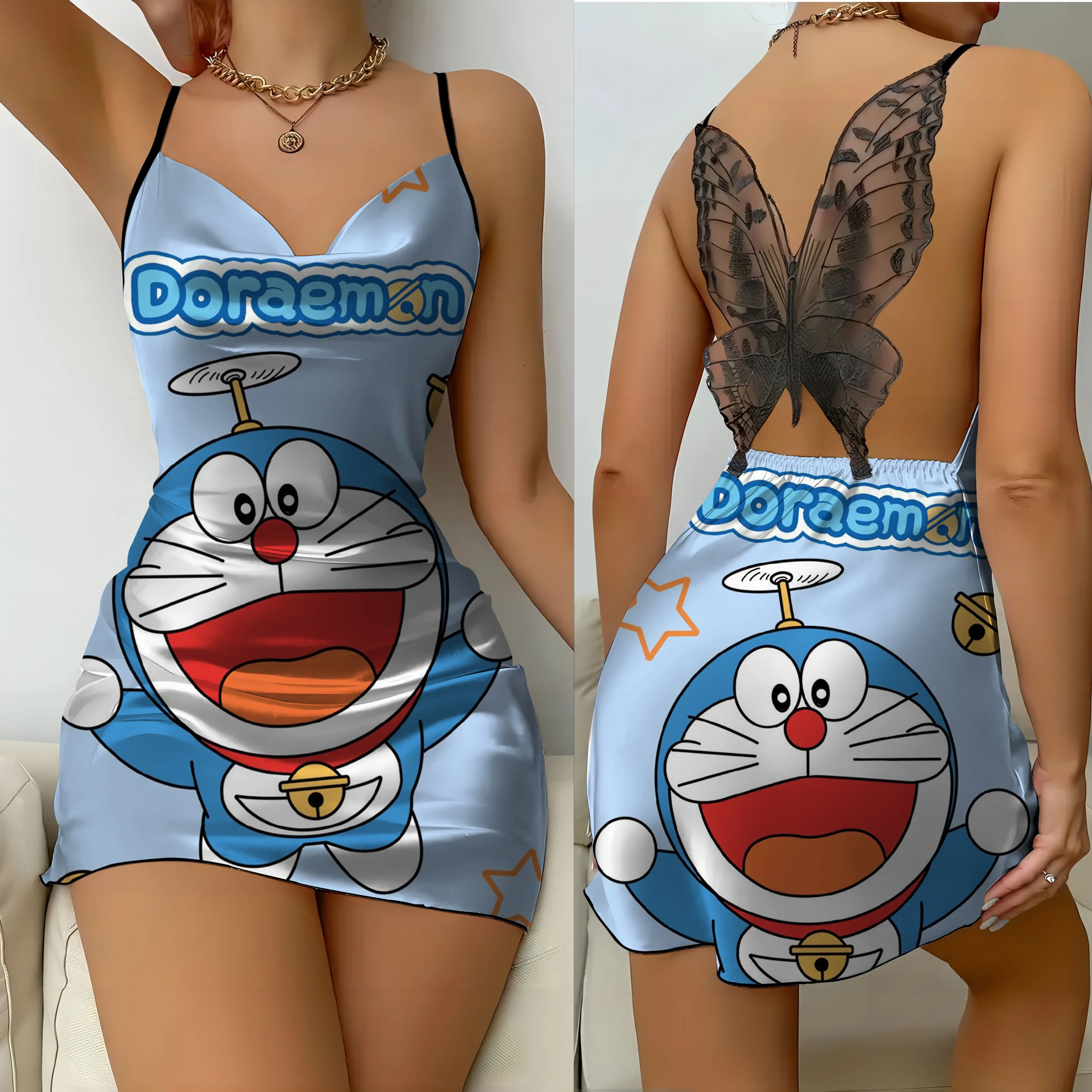 Sexy Dresses Bow Knot Backless Dress Doraemon Pajama Skirt Satin Surface Womens Fashion Summer 2024 Party Mini Lace Slip Dress