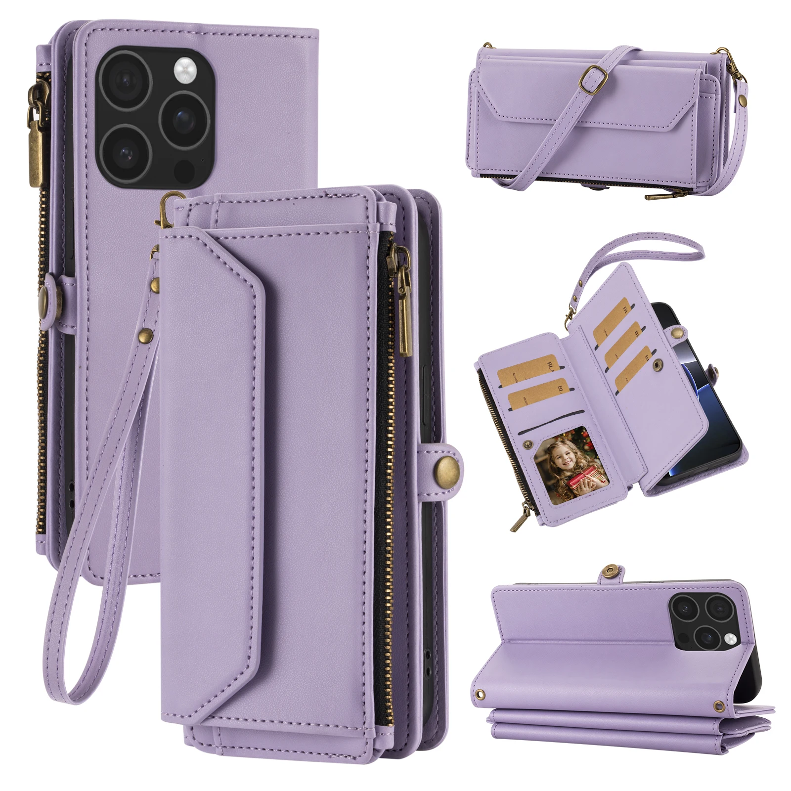 Handyhülle im Wallet-Stil mit mehreren Kartenfächern (langer Riemen + kurzer Riemen) für iPhone 17/16/15/14/13/12/11 Pro Max, Schutzset mit Münzfach, Umhängegurt, Anti-Fall-Kunstlederhülle – Detail 3