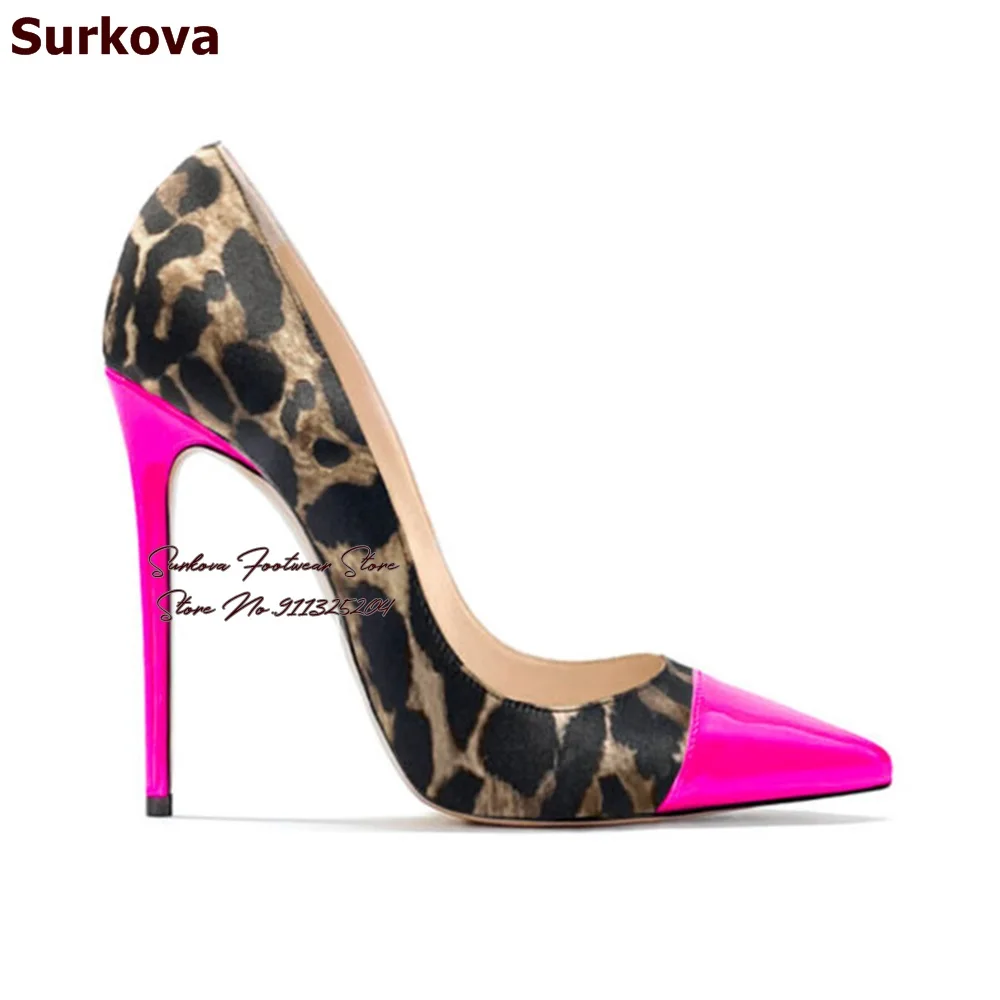 Surkova Leopard Satin Cloth Neon Yellow High Heel Shoes Sexy Color Patchwork Pointed Toe Wedding Pumps Pink Green Stilettos