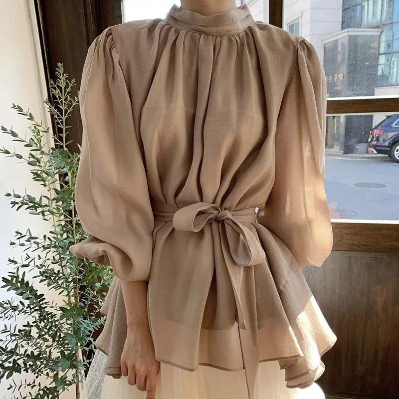 Korean Chic Autumn French Elegant Half High Collar Pleated Design with Lace Up Waist Cinching and Slimming Lantern Sleeve Shirt