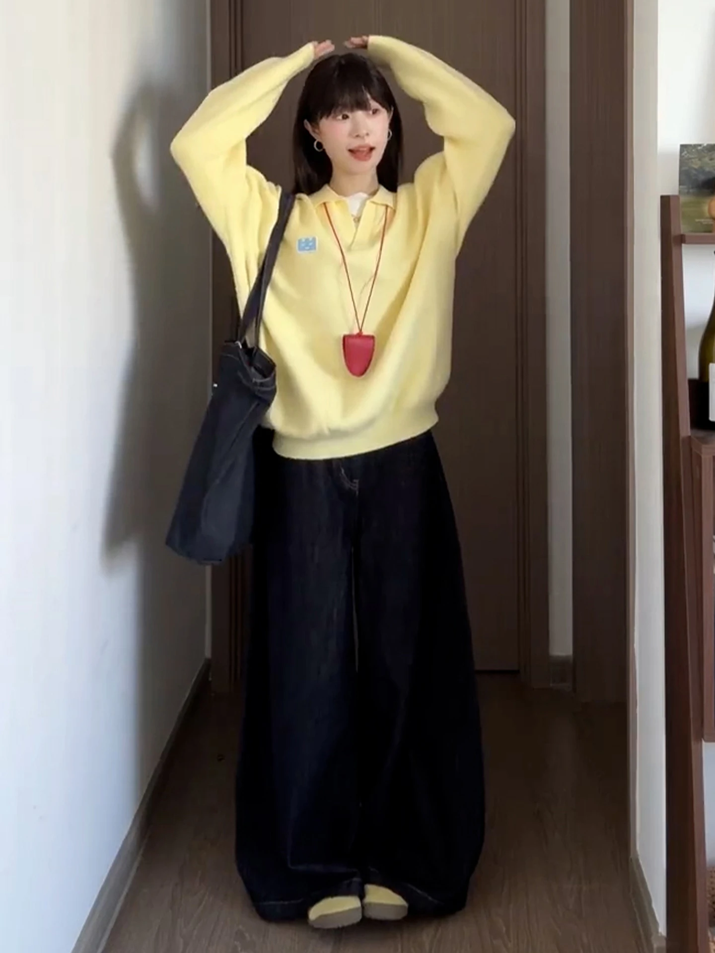 Korean Sle  Collar Embroidered Knitted Sweater Soft Cozy Lazy Yellow Autumn Winter New Arrival Loose Fit Warmth Fem ...