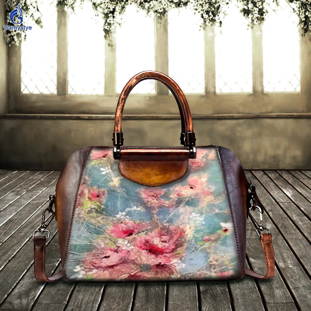 Art Hand-Painting Customize Totes Scattered pink flowers Ladies purse and handbag Messenger Clutch Totes Popular Genuine Leather