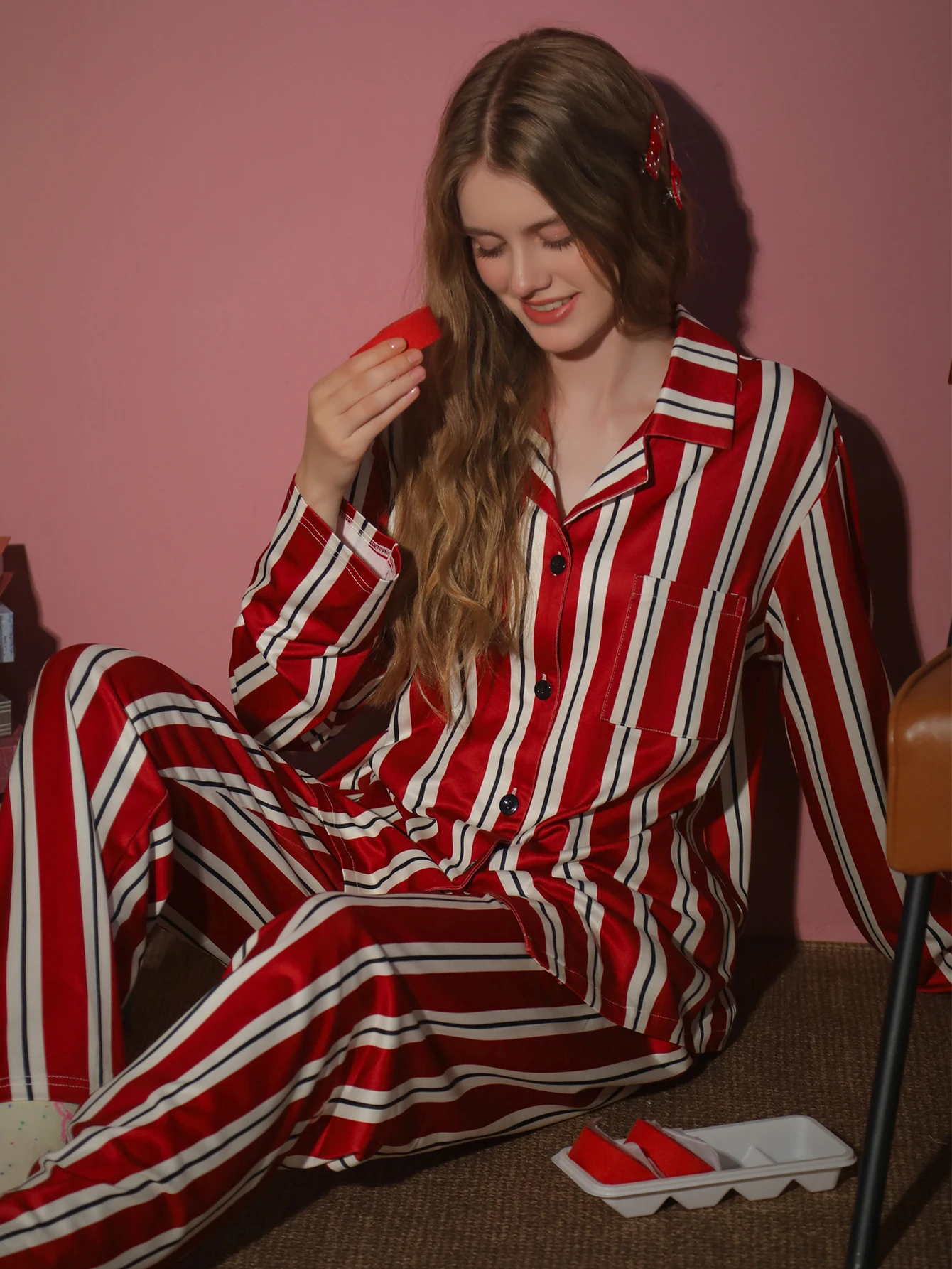 

Женская одежда для сна из 2 предметов, брюки с длинными рукавами, домашняя одежда, весенне-осенне-зимний комплект кардигана в полоску с узором