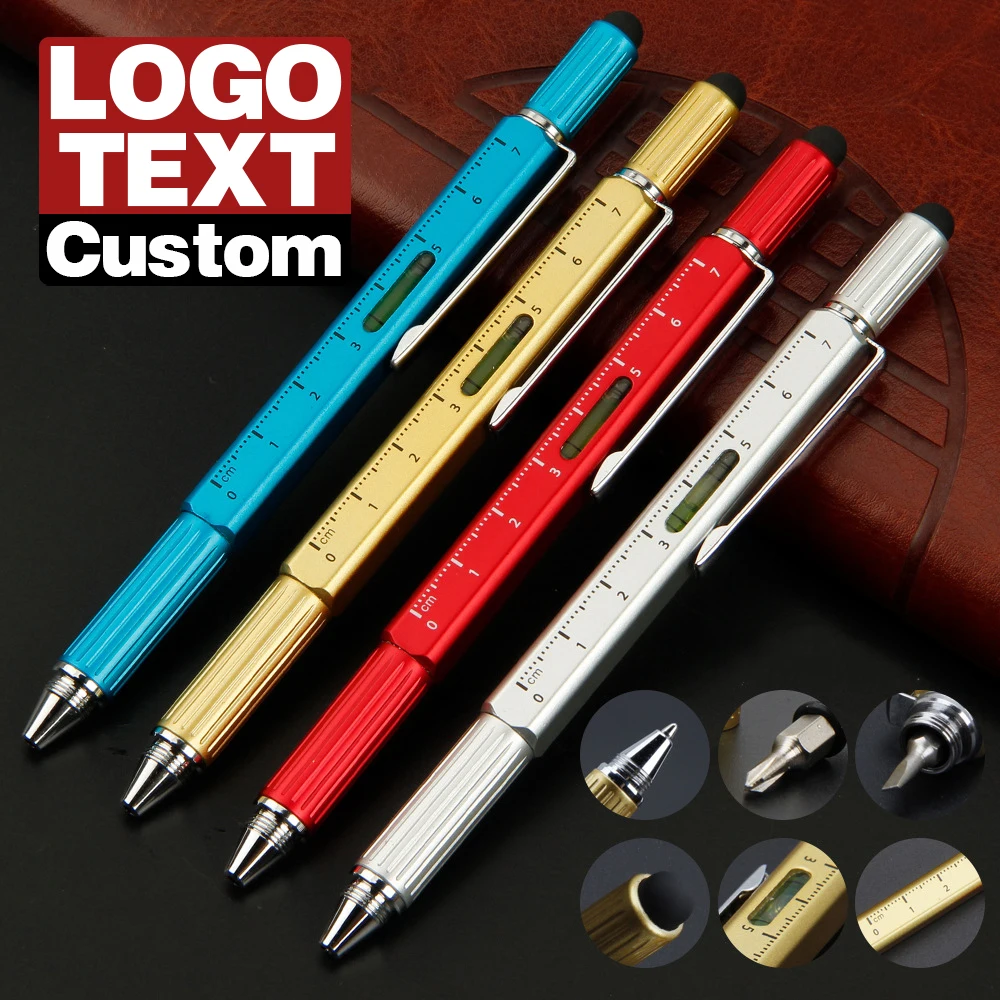 

6 in 1 Multifunction Functions Hidden Screwdriver Metal Ballpoint Pens Stationery Customized Logo Name Gift