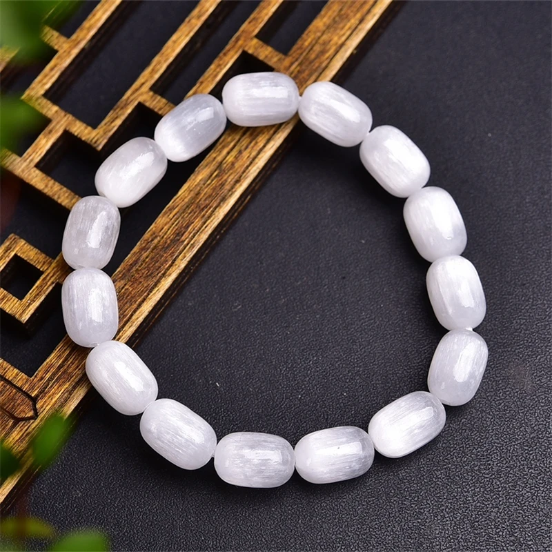 Natural Aura Cat Eye Selenite Bucket Bead Bracelet Energy Healing Fengshui Yoga Elastic Couple Jewelry Gift 1PCS 8X12MM