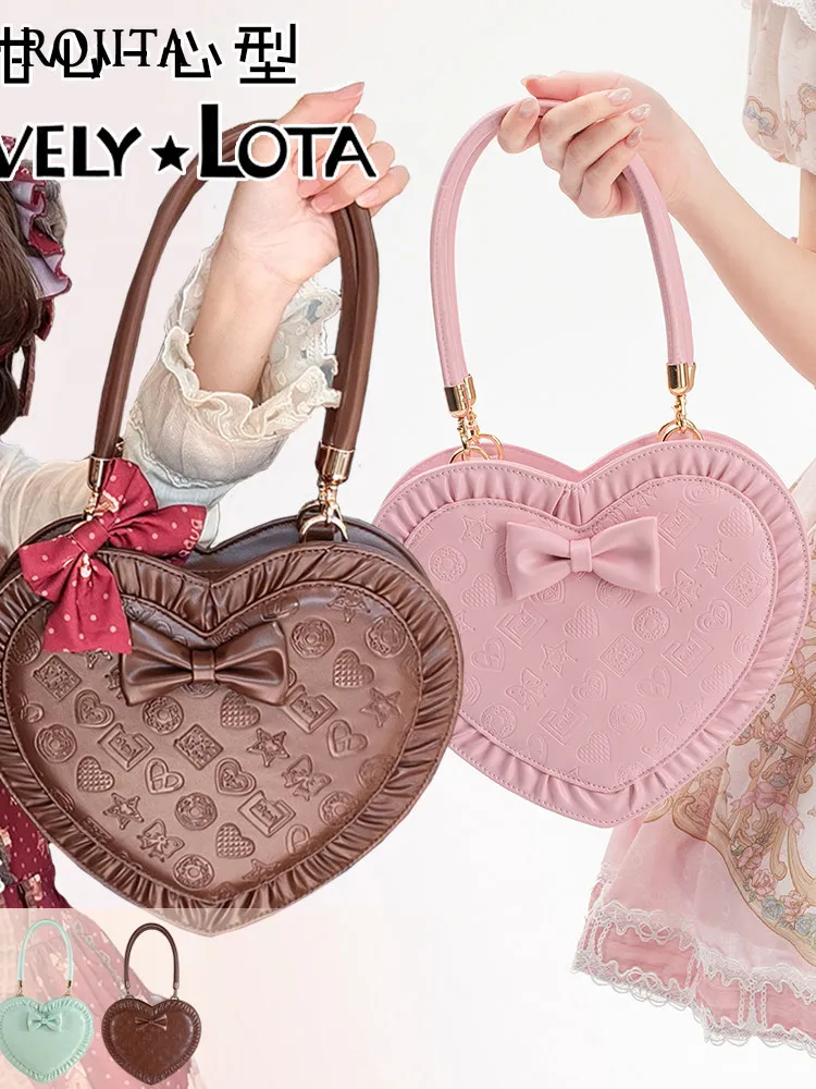 Kawaii Pink Heart Shape Bag Ruffled Edge Bow Accent Embossed Pattern Detachable Strap Lolita Daily Hand Purse