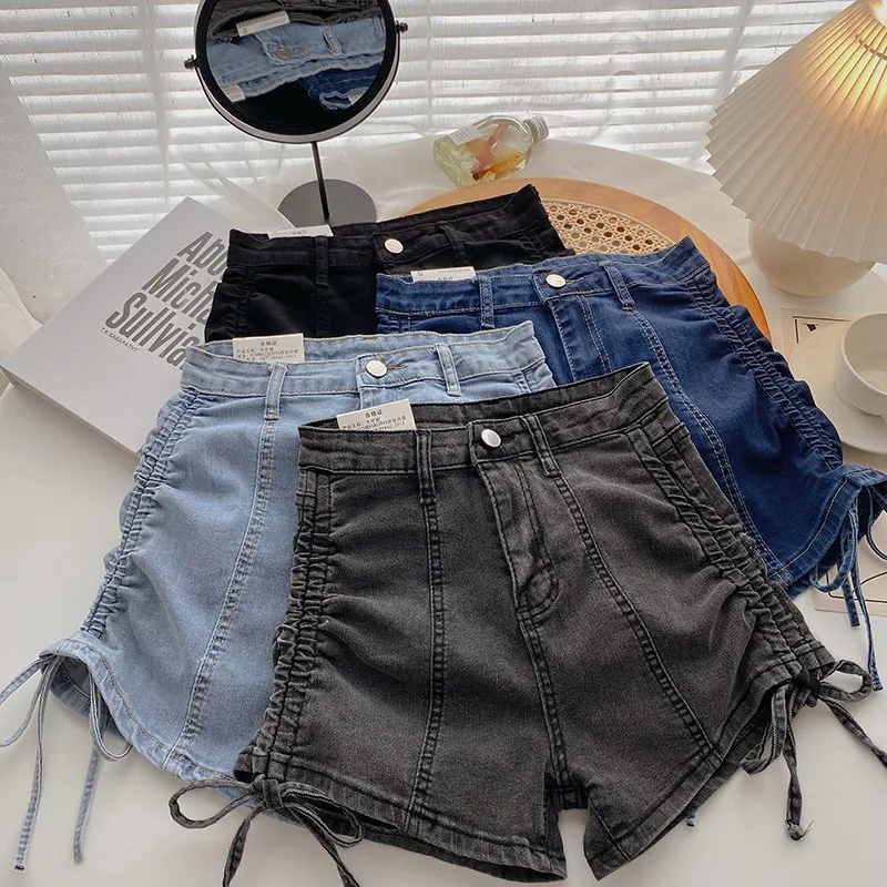 

GELITAYIN Korean Denim Shorts Women Summer Fashion Casual Drawstring High Waist Jeans Pocket Y2K Hot Pants Streetwear Cowboy Sho