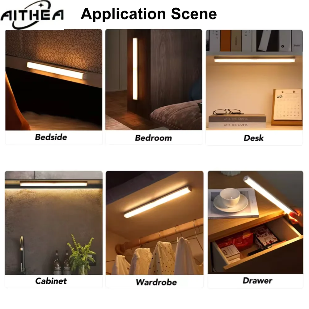 AITHEA Motion Sensor Wireless LED Night Light USB Rechargeable Long Strip Bar Lamp for Cabinet Wardrobe Bedside Staircase Tube image 2
