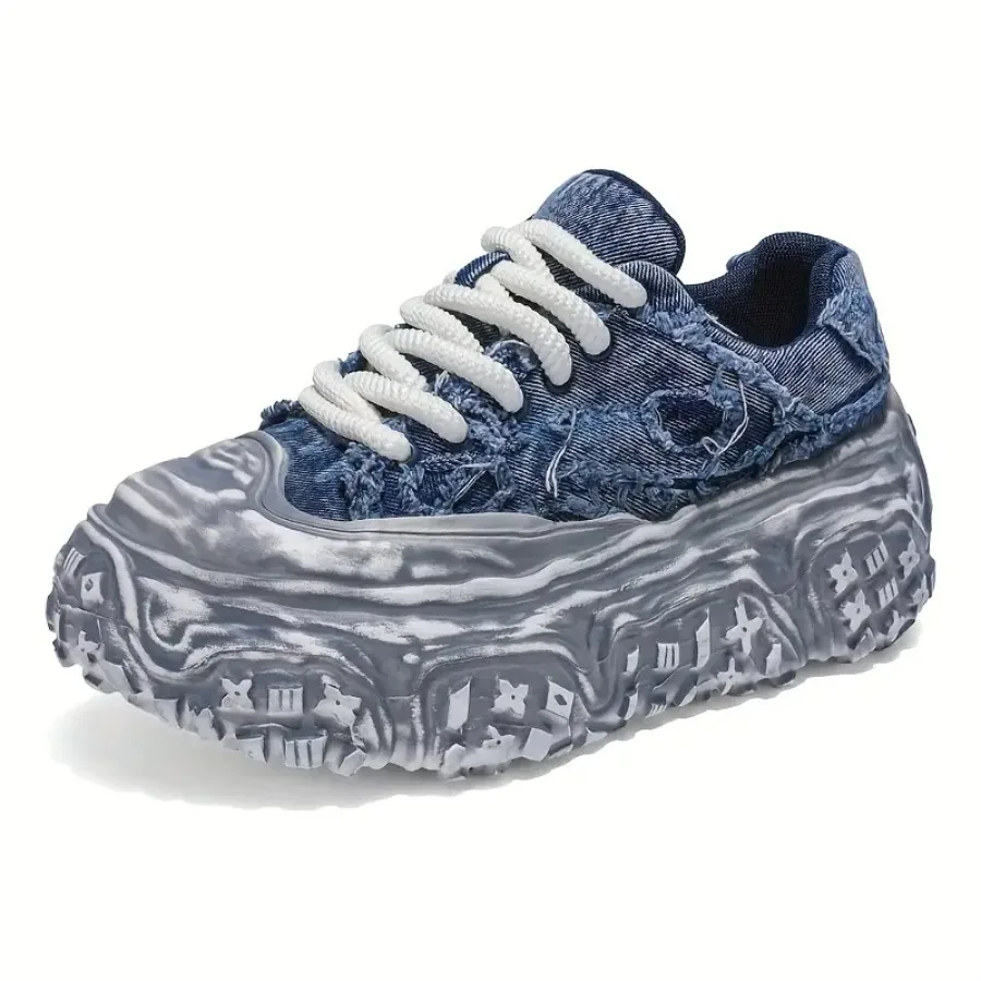 

Men's Chunky Platform Sneakers with Cushioned PVC Sole and Insole - Low-Top Lace-Up Breathable Round Toe All-Season Shoes Suita