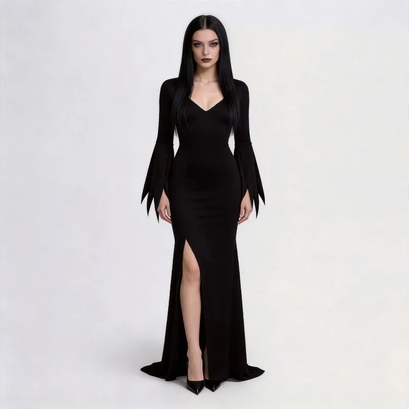 Halloween Hexen-Cosplay-Kostüm Fledermausflügel-Ärmel-Kleid Schwarzes Vintage Gothic Langes Kleid für Frauen Karneval Party Rollenspiel-Outfit