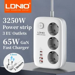 LDNIO EU Plug Power Strip 2M Extension Cable Network Filter USB 65W Fast Charger Type C Kr Outlet Socket Adapter Surge Protector