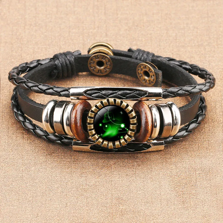 libra bracelet 12 Constellation Zodiac Sign Black Braided Leather Bracelet Cancer Leo Virgo Libra Woven Glass Dome Jewelry Punk
