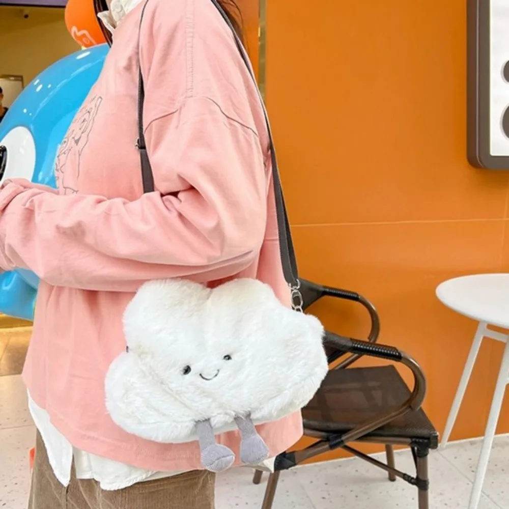 Wear Resistant Women Bag Durable Large Capacity Plush White Cloud Shoulder Bag Soft Cell Phone Pouch