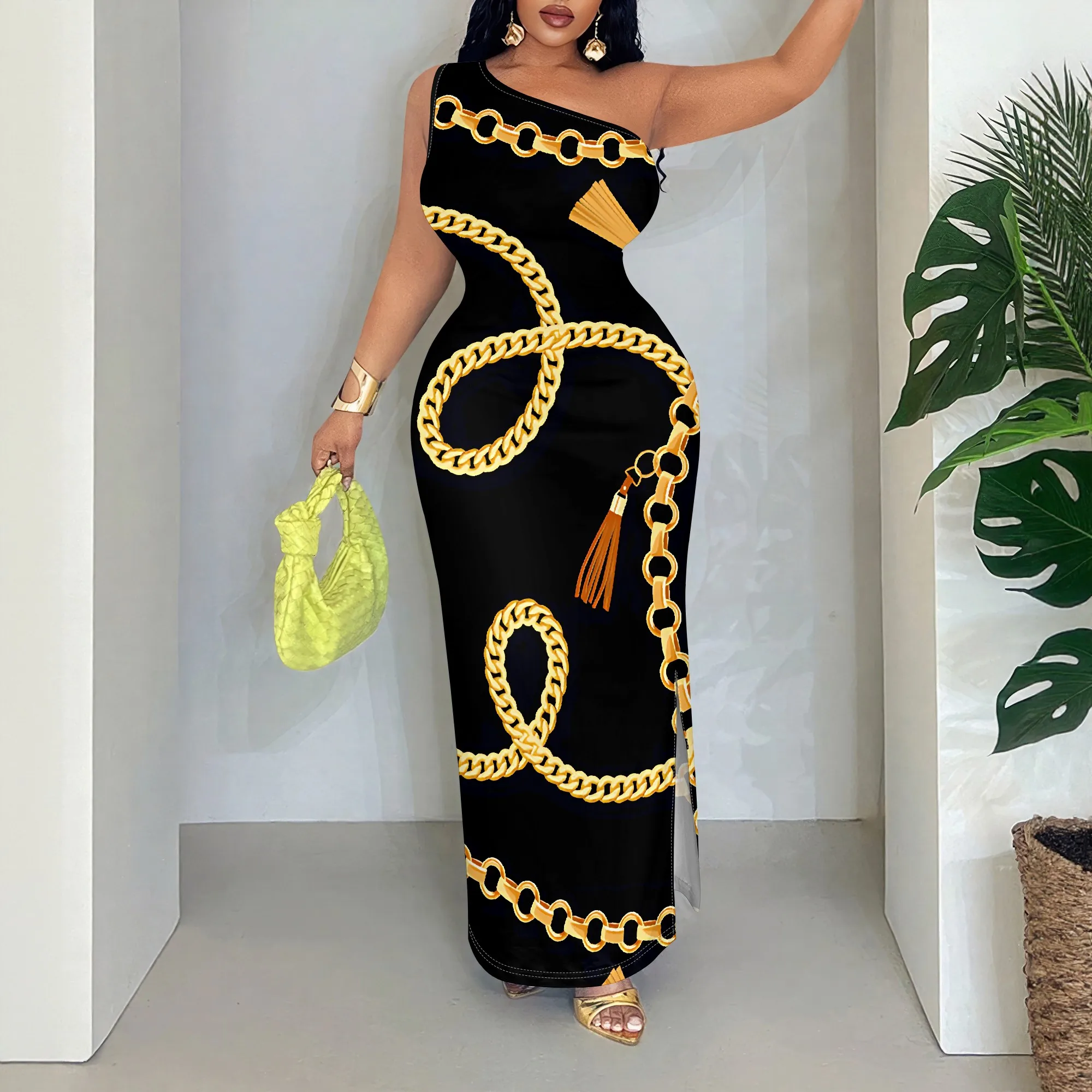 

Gold Chain Print One Shoulder Maxi Dress, Sleeveless Bodycon Gown, Tassel Detail Party Wear, Club Night Out, S-2XL