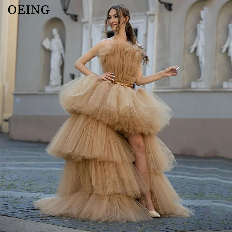 OEING Simple High/Low Prom Dresses Detachable Short Front Long Back Tulle Ruffles Evening Gowns Formal Graduation Party Dress