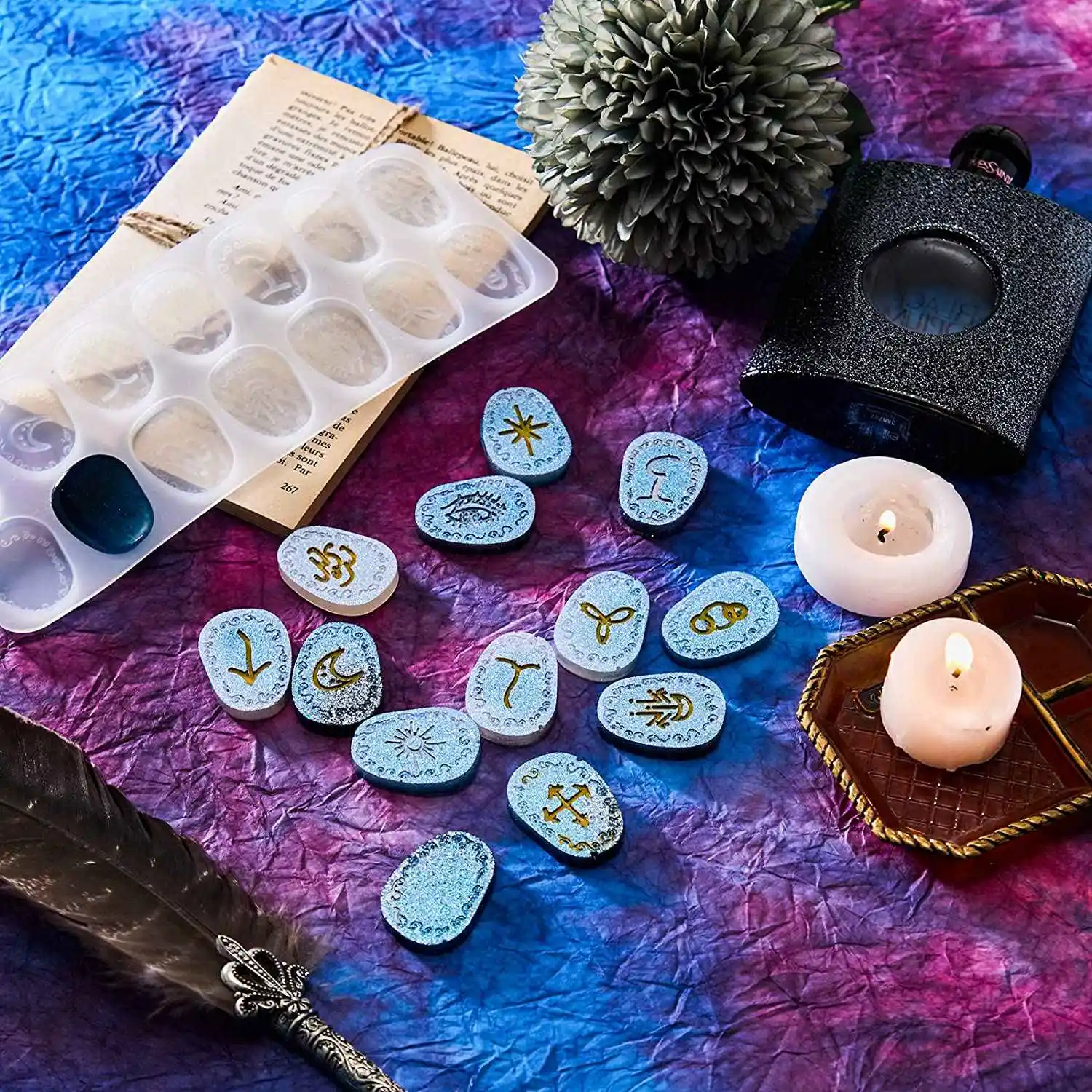 ABWZ - Moule en silicone pour résine, motif Runes Sorcières, lettres runiques, symboles, mots, pour moulage de résine époxy et breloques DIY, 1 pièce