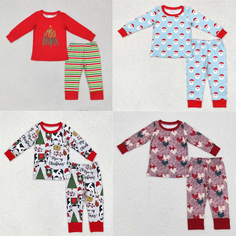 Wholesale hot sale Children's Clothing Baby boys clothes christmas long-sleeved red and green striped pants and pajama outfits