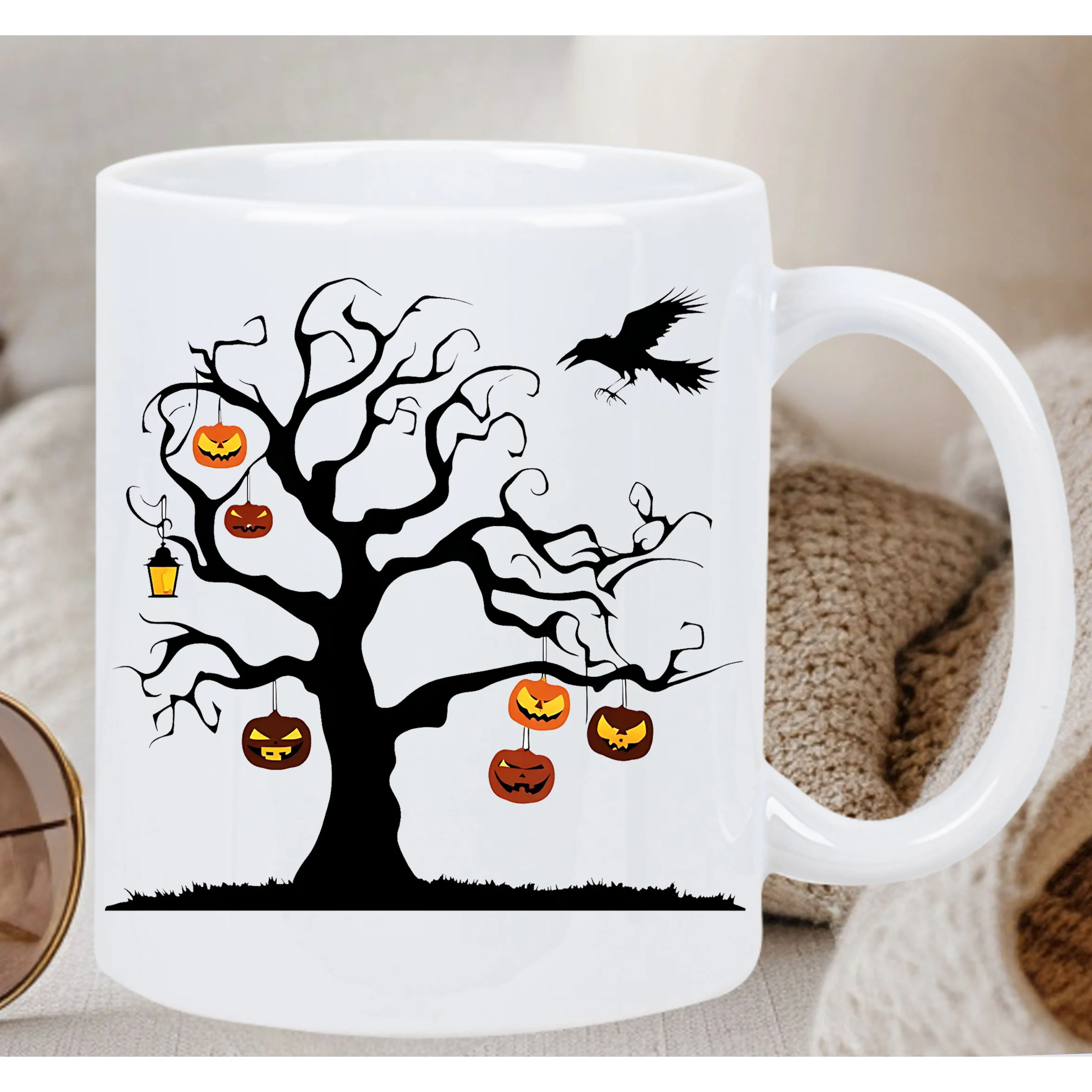 Halloween Tree Ceramic Mug -Spooky Design with Pumpkins and Ravens,Perfect Gift for Coffee and Tea Lovers,Unique Novelty Present