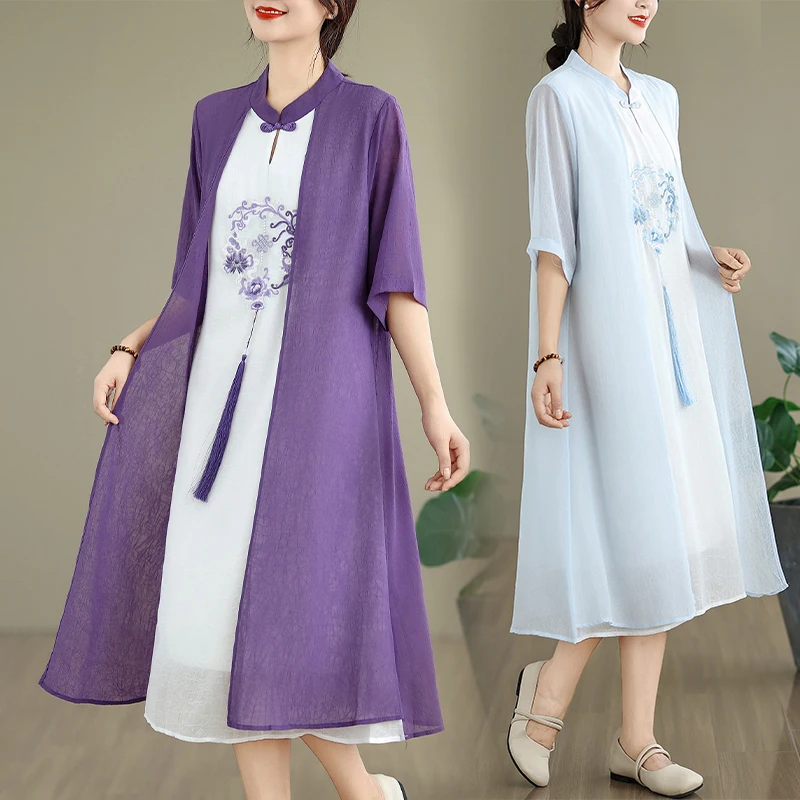 กระโปรงสไตล์จีนใหม่ ปักลายสลิมฟิต ปิดหน้าท้อง ผ้าบางเบา สำหรับผู้หญิง ฤดูร้อน ลายชาติพันธุ์