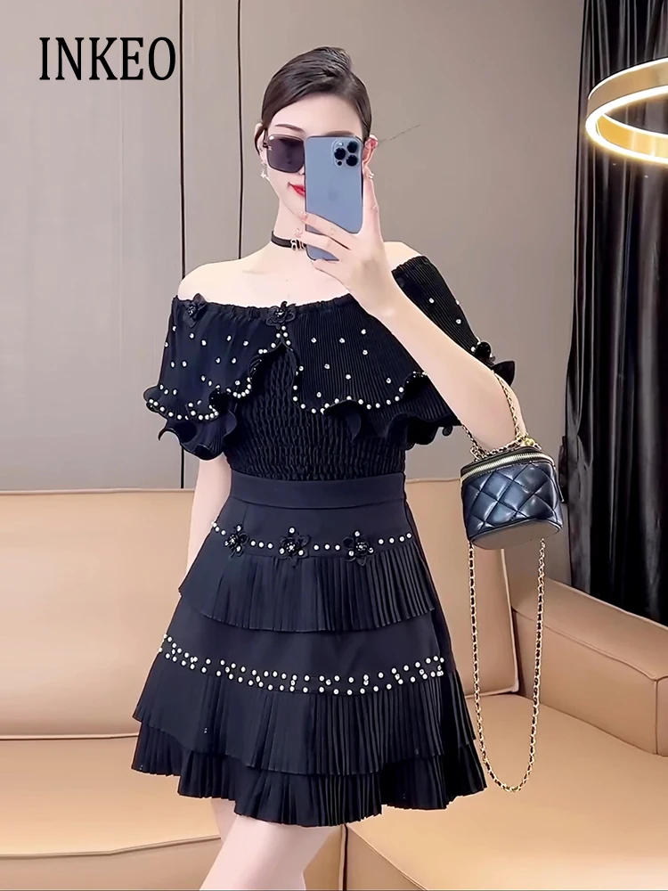 Club Women 2 piece set for women Fashion Preal beading off shoulder tops slim Stretch Pleated shirt A-line mini skirt 3T144