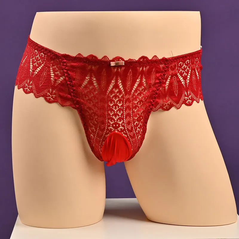 Mens Sissy Pouch Panties Sexy Full Lace Briefs Slarge Size Breathable Silky Slippery Ultra-Thin Lace See-Through Underwear