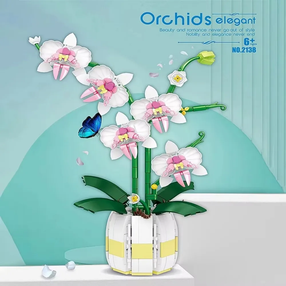 Blocchi di costruzione romantici del bouquet di fiori di orchidea: mattoni modello di pianta in stile bonsai per la decorazione domestica fai da te, giocattolo e regalo ideali per bambini