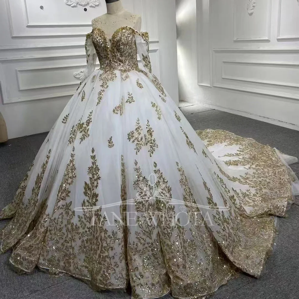 فستان الزفاف الذهبي الحبيب كم طويل كريستال مطرزة الدانتيل فستان الزفاف الفاخرة فساتين الزفاف المخصصة