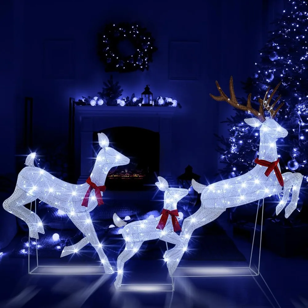 3-Piece Christmas Lighted Reindeer Family Set, Xmas Pre-Lit Reindeer with 255 Cold White LED Lights, Ground Stakes &