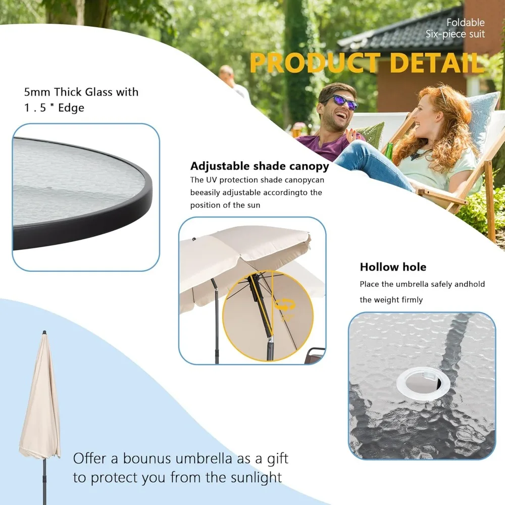 طقم طعام فناء مكون من 6 قطع مع مظلة، طقم أثاث خارجي مع 4 كراسي قابلة للطي وطاولة طعام من الزجاج المقسى #5