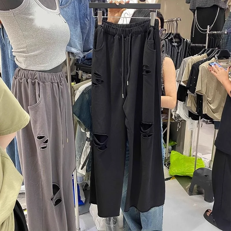 

plus Size High Waist Drawstring Hole Straight Leg Wide Leg Pants Long Pants Women Summer Korean Style Loose Fat M Pants