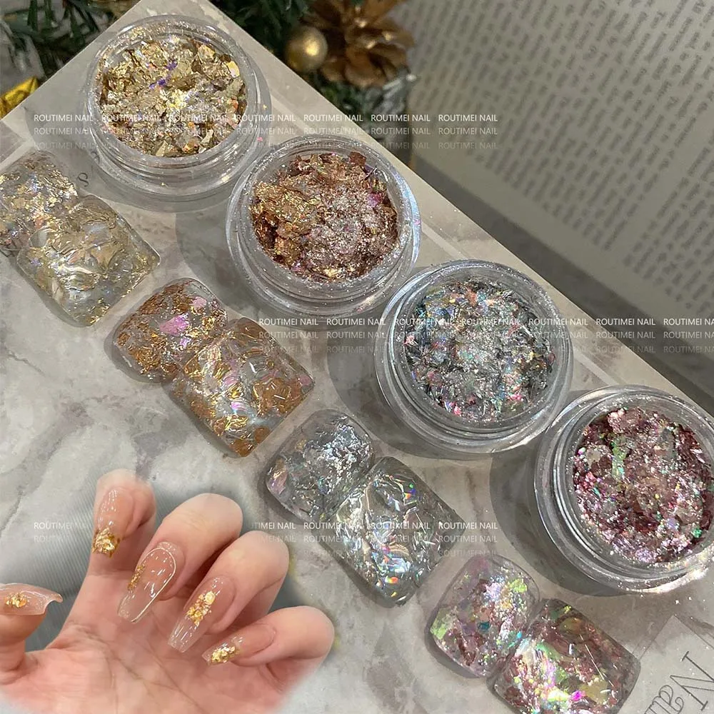 4pcs/Set 3D Rose Gold Silver Copper Nail Foil Sequins Gold Foils Nail Flakes Glitter Leaf Flake Irregular Paillette Manicure Dec