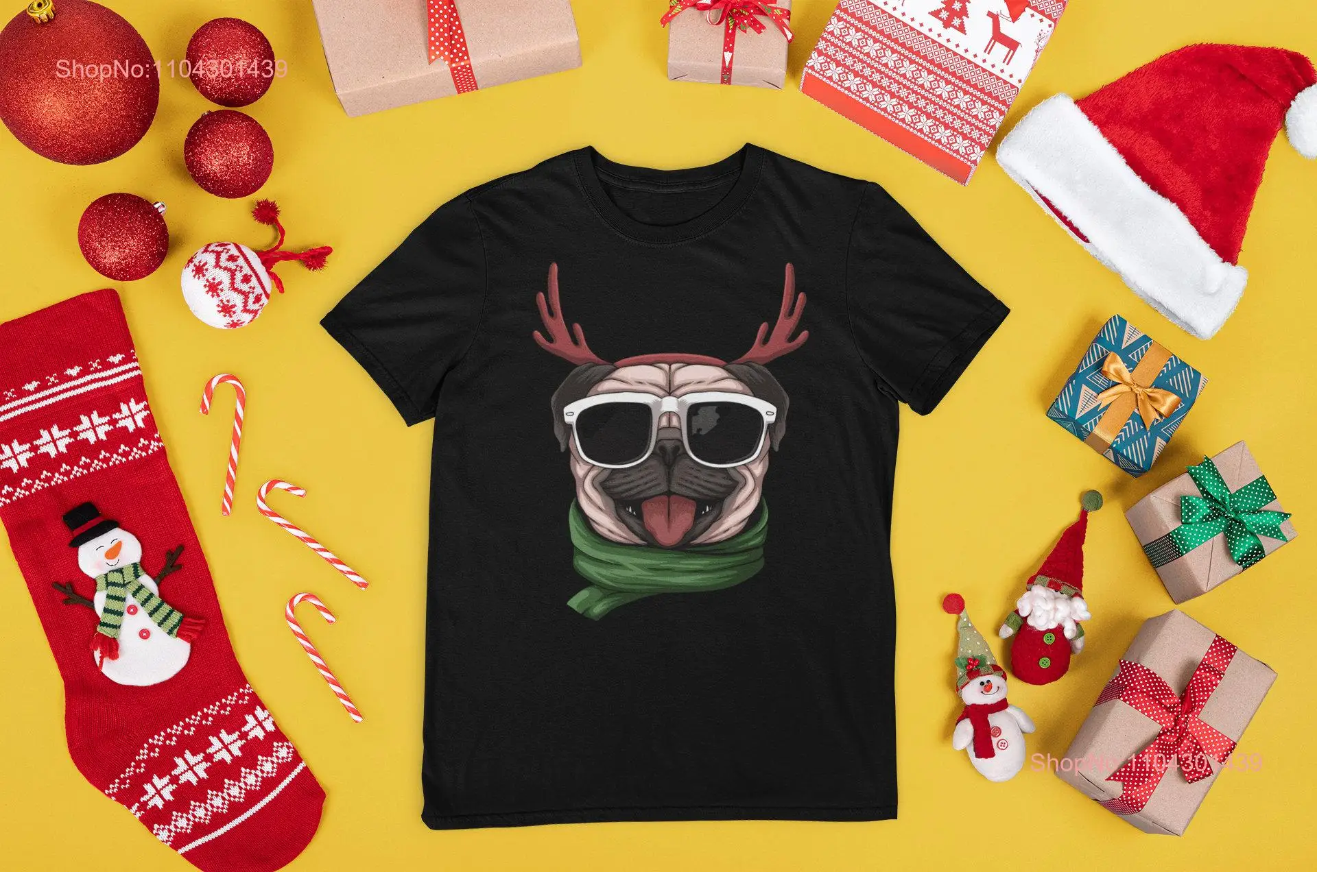 Funny Christmas T Shirt Merry Pugmas Pug Santa Reindeer S M L XL XXL  long or short sleeves