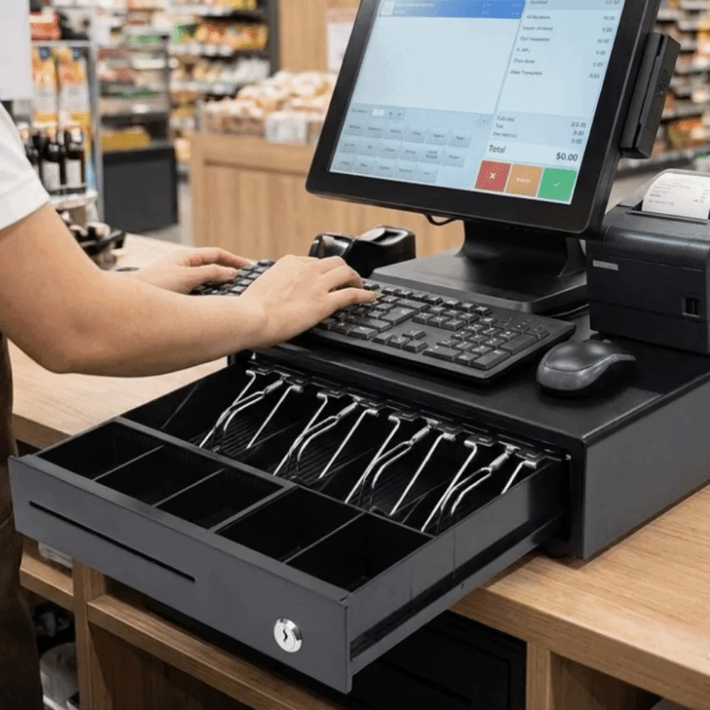 Metal Supermarket Cash Box 4 Bill 5 Coin Wiring RJ11 Cash Register Drawer Heavy Duty with Key Cash Drawer Box Small Businesses