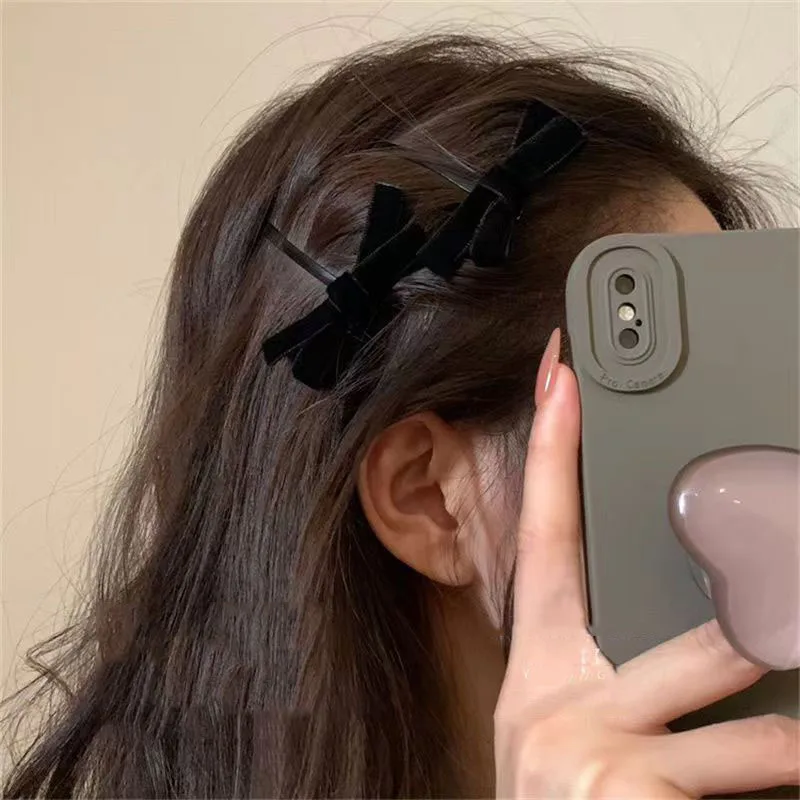 2PC Korean Style Velvet Bow Hairpin Set Solid Color Simple Hairgrip for Girls & Women Vintage Hair Clips Accessory