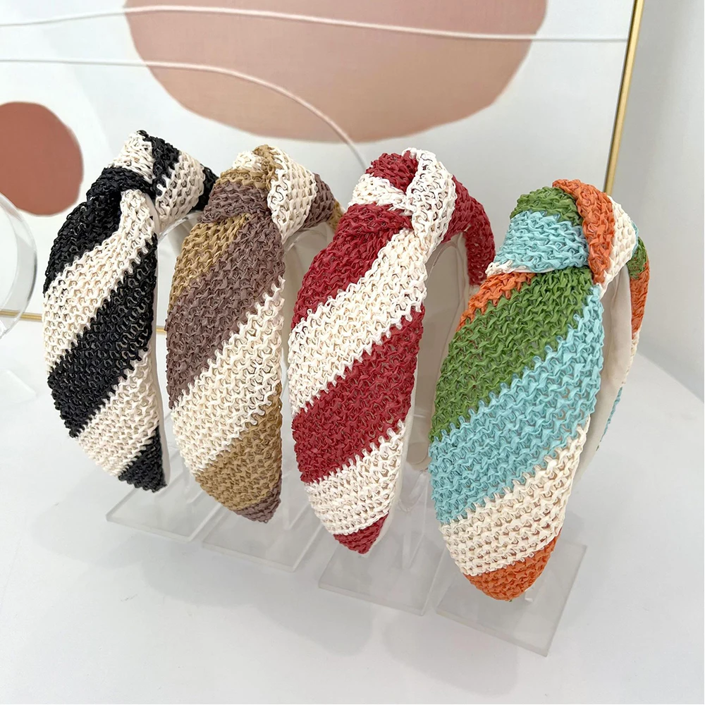 Grass Woven Striped Hair Hoop Women Knitted Center Knot Headbands Beach Straw Colorful Head Hoop Hawaii Beach Hairband